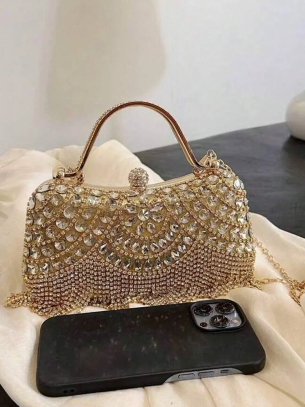 Gold Crystal Fringe Evening Clutch Handbag